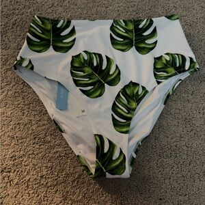 Cupshe White High-Waist Bikini Bottom with Green Tropical Leaf Print